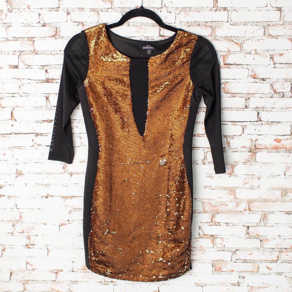 Y2k Bebe Addiction Women's Xs Gold Black Sequin Bodycon Party Dress